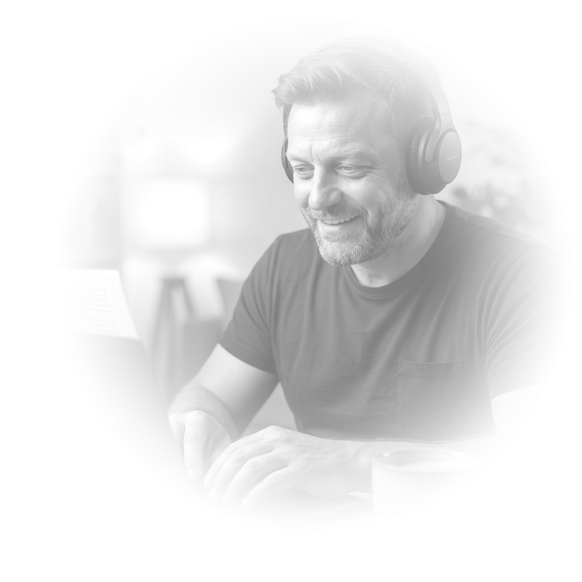 Davy Lheureux à son bureau en train d'écrire, casque sur les oreilles