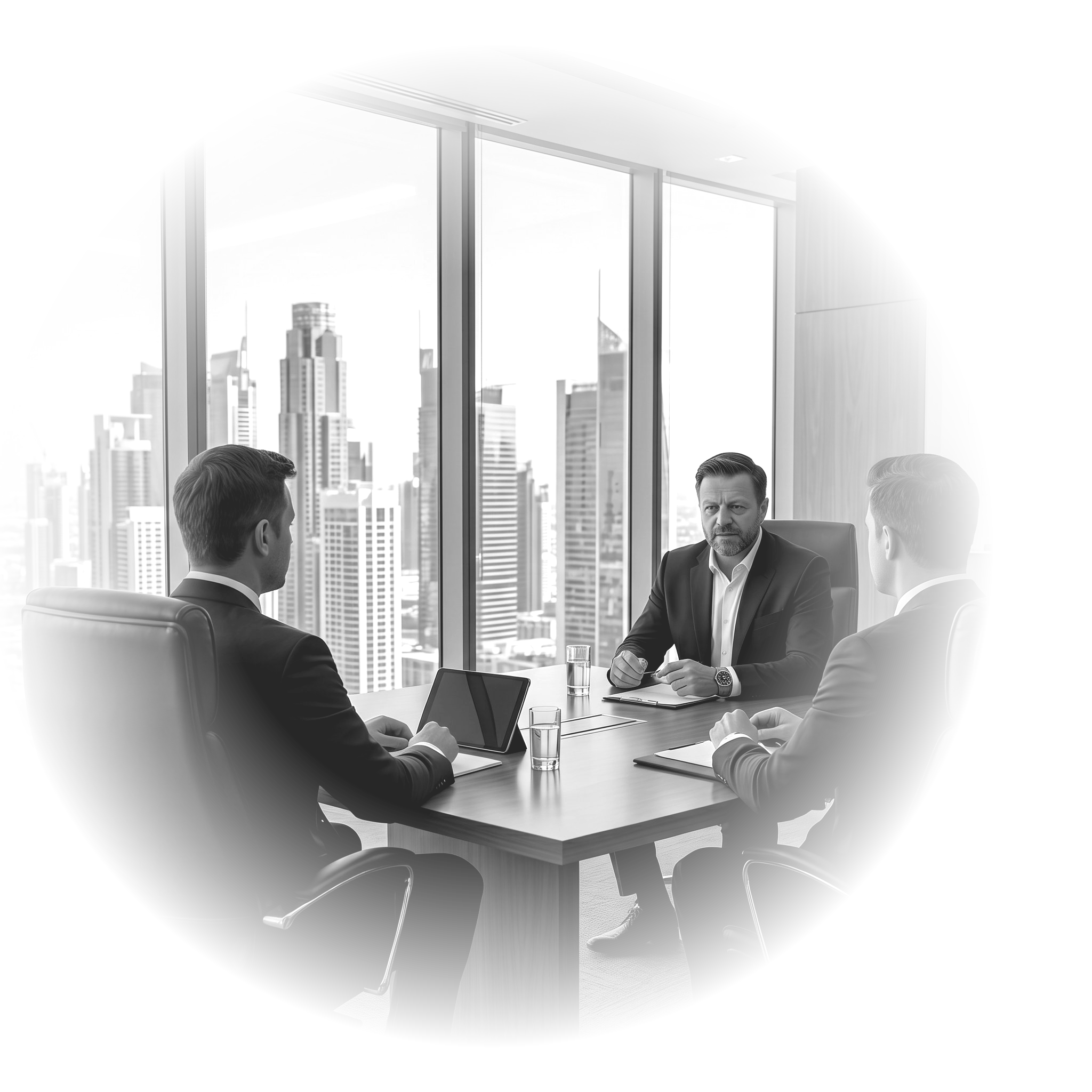 Réunion de dirigeants autour d'une table de conseil avec vue sur la ville
